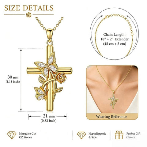 Birthston Butterfly Rose 14K Plated Gold Cross Pendant Necklace for Women