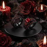 Sterling Silver 10K 14K 18K Gold Personalized Engraved  Halloween Dark Red Gemstone Couple Ring Set