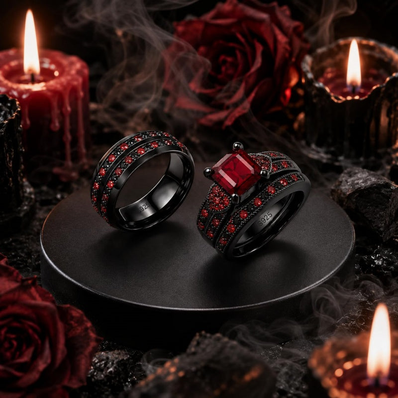Sterling Silver 10K 14K 18K Gold Personalized Engraved  Halloween Dark Red Gemstone Couple Ring Set