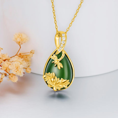 14K Gold Plated Natural Jade Hummingbird Cat Dragonfly Butterfly Bee Pendant Necklace for Women