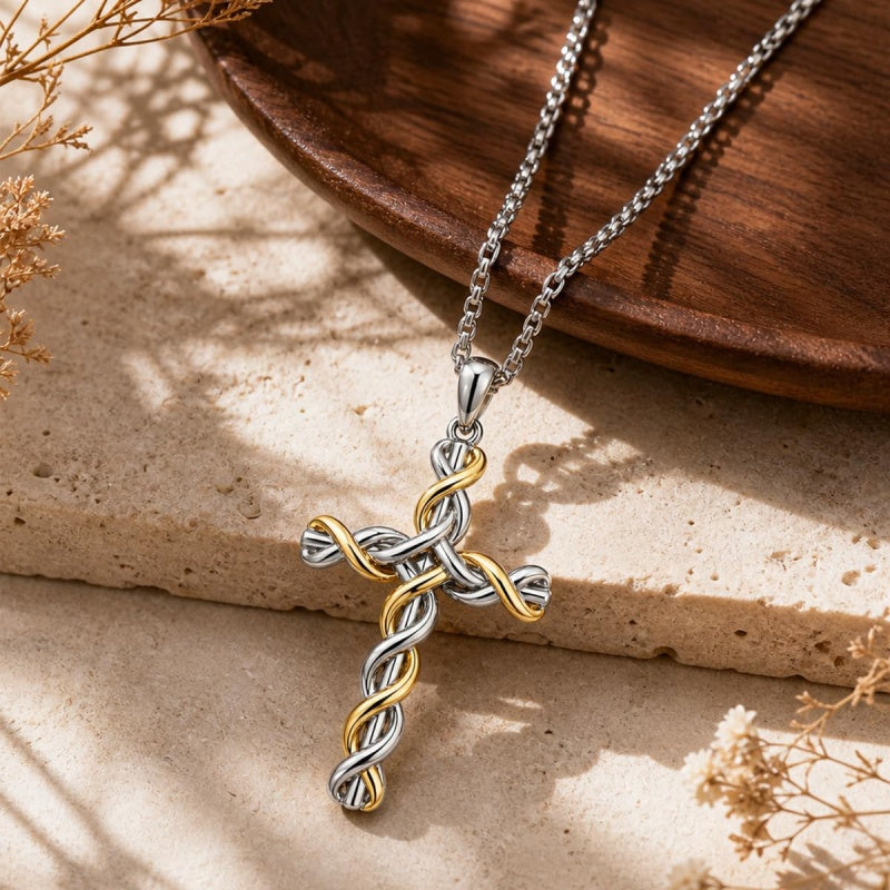 14K Gold Plated Two Tone Cross Pendant Necklace Christian Jewelry Religious Gift