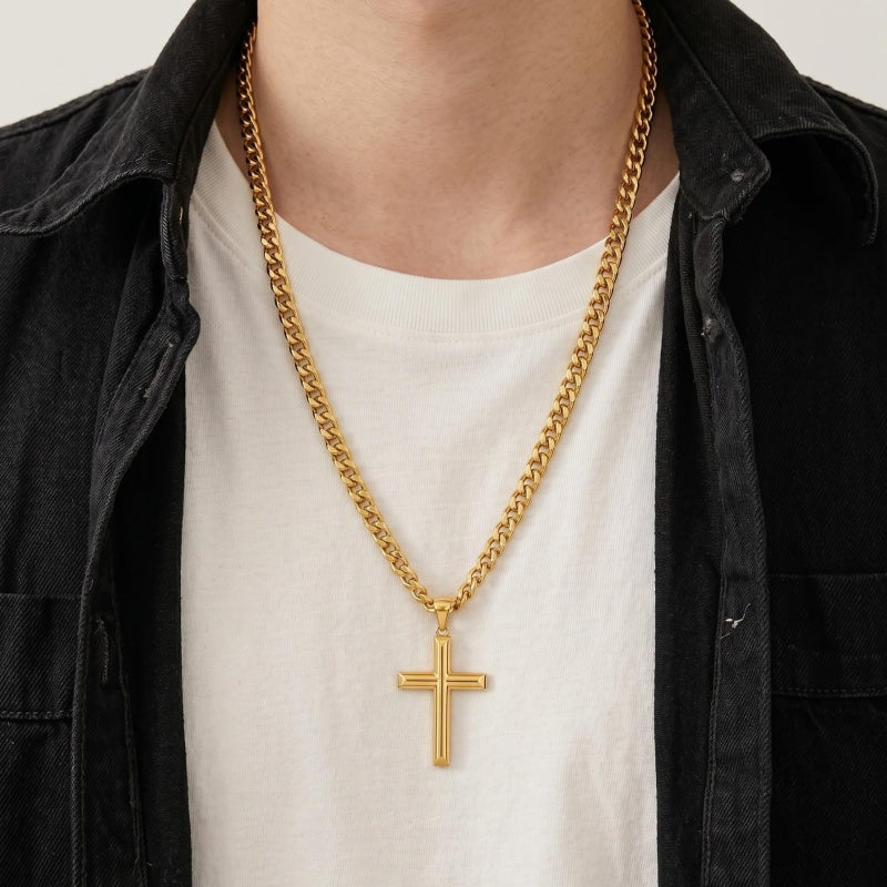 Cross Pendant Necklace for Men 14K Gold Plated Minimalist Christian Jewelry Religious Gift