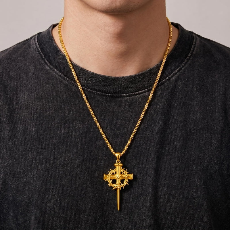 14K Gold Plated Cross Pendant Necklace for Men Religious Jewelry Christian Gift