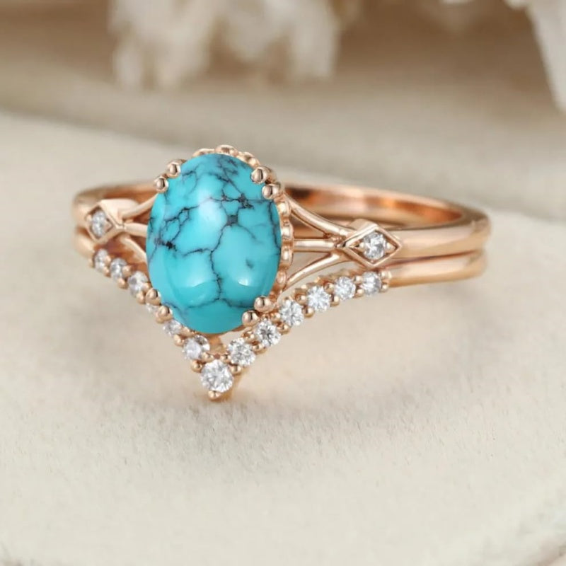 Sterling Silver 10K 14K 18K Gold Turquoise Engagement  Wedding Ring Set for Women