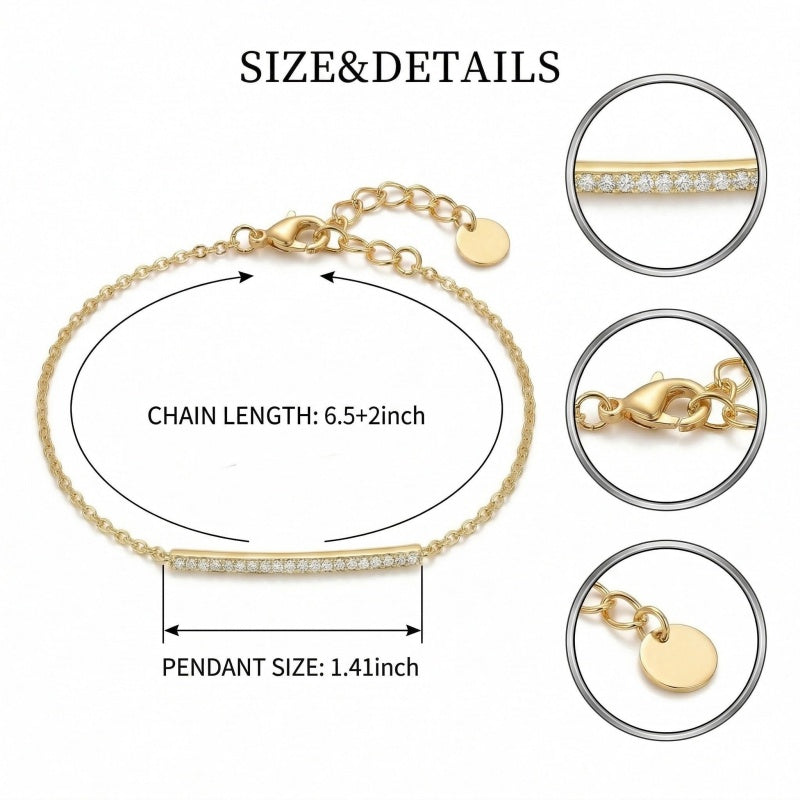 14K Gold  Plated Cubic Zirconia  Bar Bracelet Adjustable Chain for Women