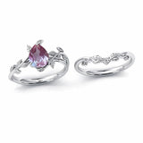 Sterling Silver 10K 14K 18K Gold 1ct Pear Shaped Gemstone Deco Vine Leaf Gemstone  Engagement Ring Wedding Ring Sets