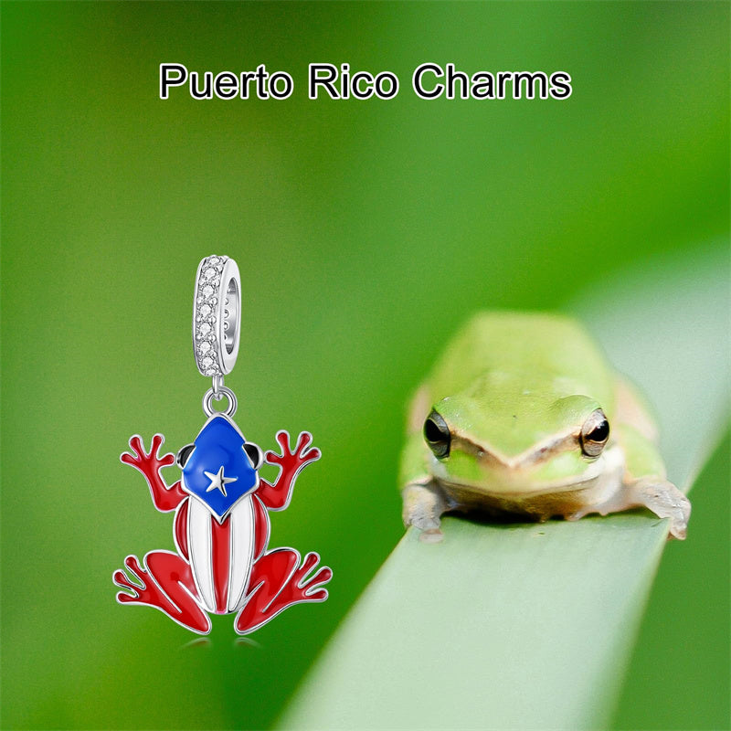 Sterling Silver Coqui Frog Flag Puerto Rico Charm Beads