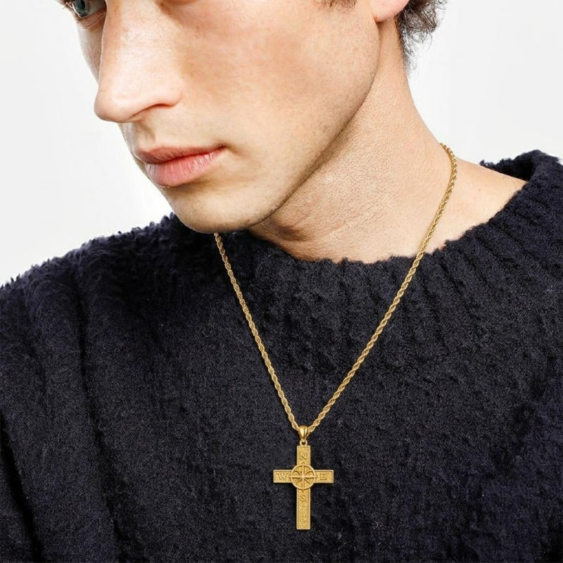 14K Gold Plated Cross Pendant Necklace for Men Religious Jewelry Christian Gift