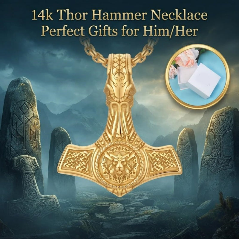 14K Gold Plated Celtic Knot Viking Thor Hammer Pendant Necklace