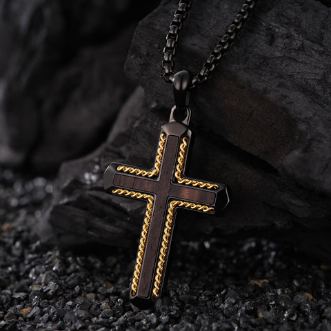 14K Gold Plated Wooden Cross Necklace Jewelry Gift for Him