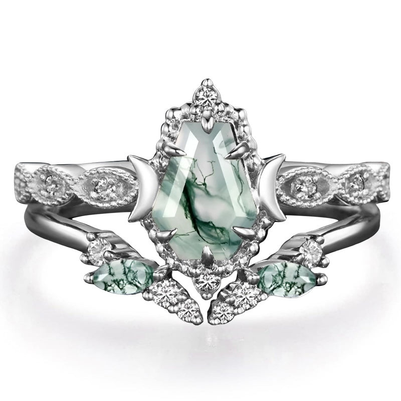 Sterling Silver 2CT Moss Agate  Engagement Wedding Ring Sets for Women