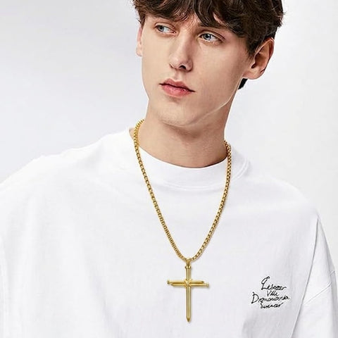 14K Gold Plated Cross Pendant Necklace for Men Religious Jewelry Christian Gift