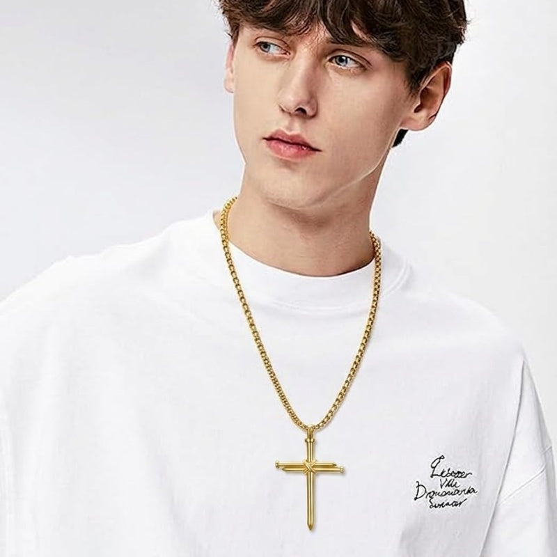 14K Gold Plated Cross Pendant Necklace for Men Religious Jewelry Christian Gift