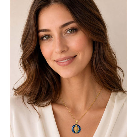 14K Gold Plated Blue Crystal Saint Protection Pendant Necklace Amulet Baptism Gift