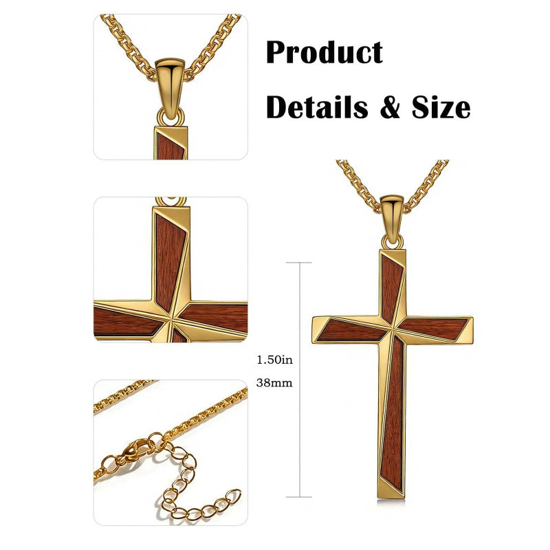 14K Gold Plated Wooden Cross Pendant Necklace Christian Catholic Jewelry Religious Gift
