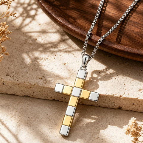 14K Gold Plated Two Tone Cross Pendant Necklace Christian Jewelry Religious Gift