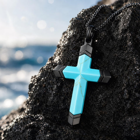 14K Gold Plated Turquoise Lapis Lazuli Cross Necklace for Men with Adjustable Chain