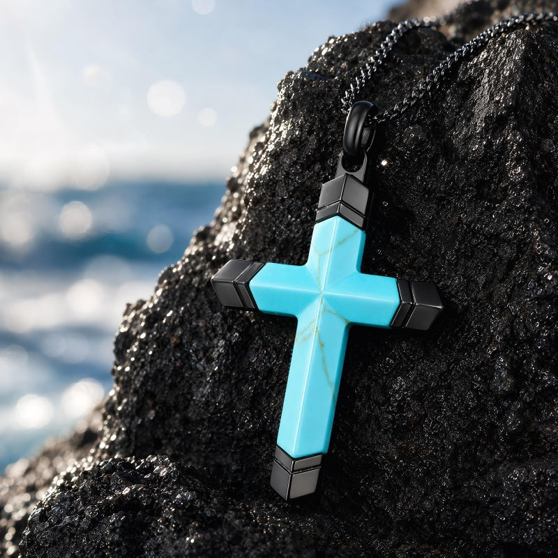 14K Gold Plated Turquoise Lapis Lazuli Cross Necklace for Men with Adjustable Chain