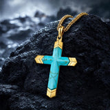 14K Gold Plated Turquoise Lapis Lazuli Cross Necklace for Men with Adjustable Chain