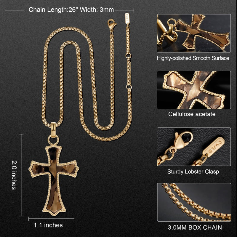 14K Gold Plated Wooden Abalone Shell Cross Pendant Necklacefor Men