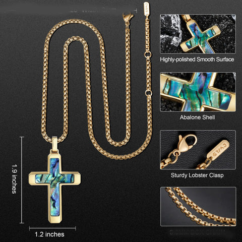 14K Gold Plated Wooden Abalone Shell Cross Pendant Necklacefor Men