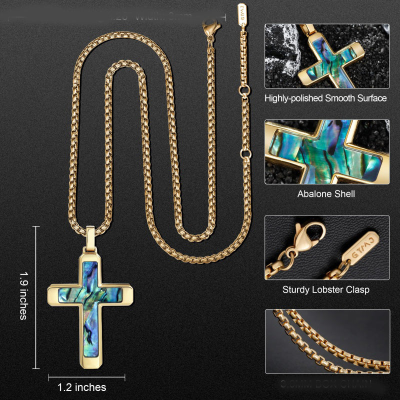 14K Gold Plated Wooden Abalone Shell Cross Pendant Necklacefor Men