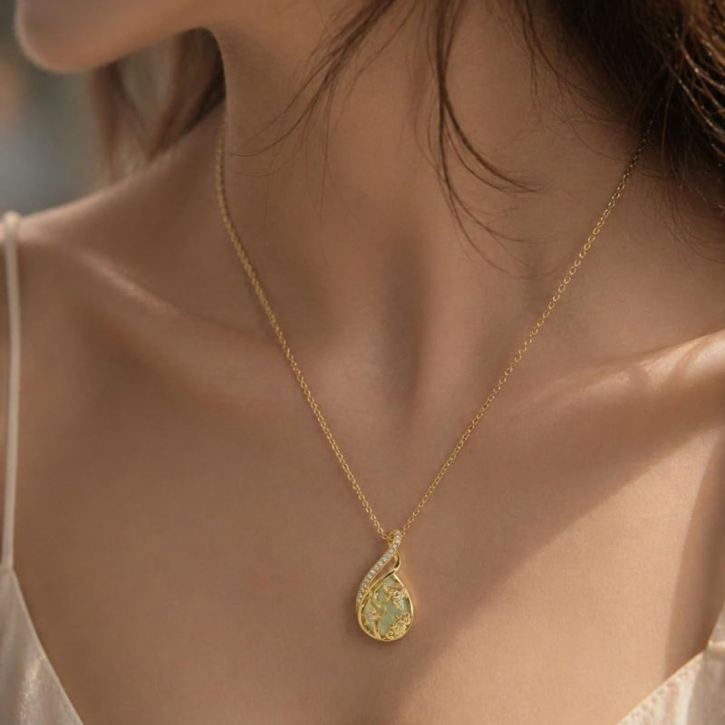14K Gold Plated Jade Hummingbird Butterfly Dragonfly Turtle Animal Pendant Necklace