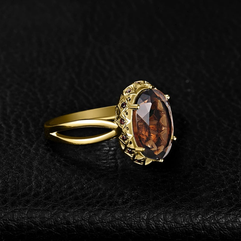 14K Gold Plated  Oval Shape 3.7CT Genuine Smoky Quartz Cocktail Rings for Her