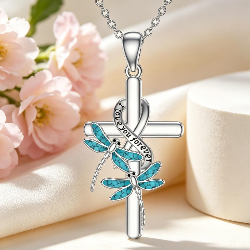 Sterling Silver  Hummingbird Blue Jay Dragonfly Butterfly Cross Necklace Engraved with I Love You Forever