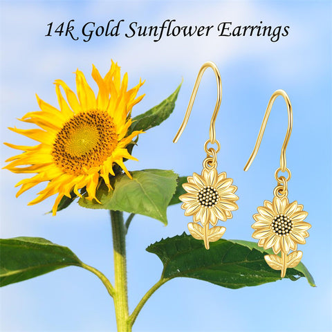 14k Yellow Gold Sunflower Dangle Earrings