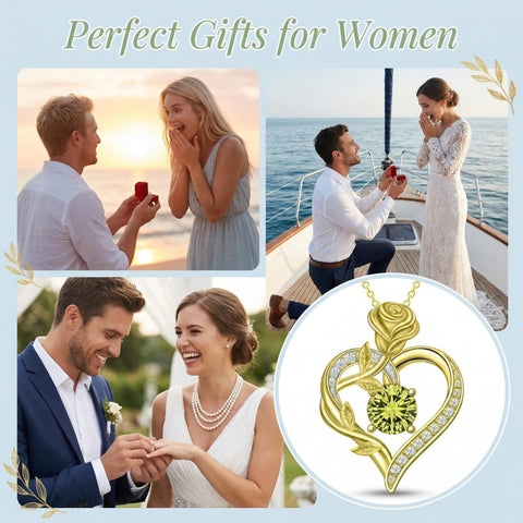 14K Gold Plated 12 Months Birthstone Rose Flower Pendant Necklace Anniversary Birthday Gift