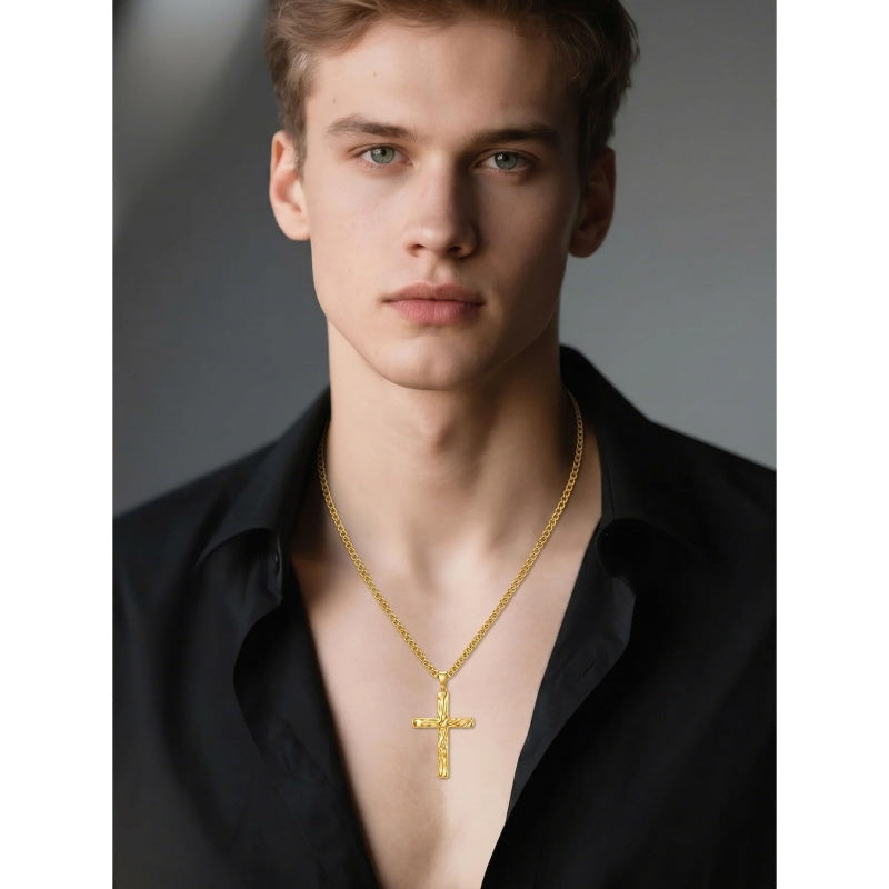 Cross Pendant Necklace for Men 14K Gold Plated Minimalist Christian Jewelry Religious Gift