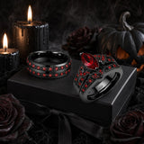 Sterling Silver 10K 14K 18K Gold Personalized Engraved  Halloween Dark Red Gemstone Couple Ring Set