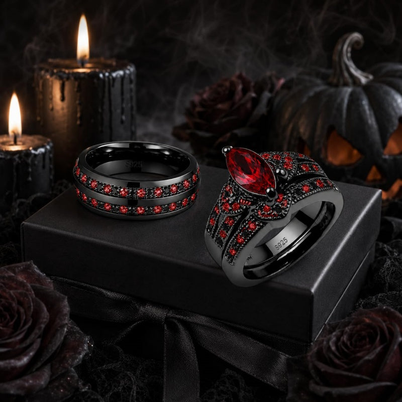Sterling Silver 10K 14K 18K Gold Personalized Engraved  Halloween Dark Red Gemstone Couple Ring Set