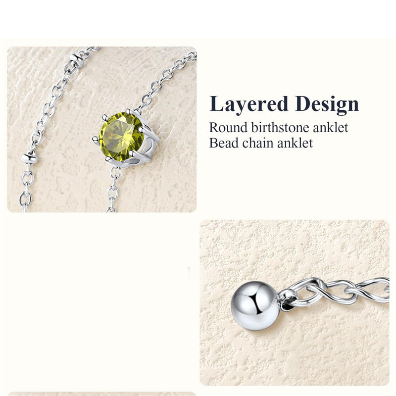 Sterling Silver  Round Birthstone Double Layer Charm Anklet