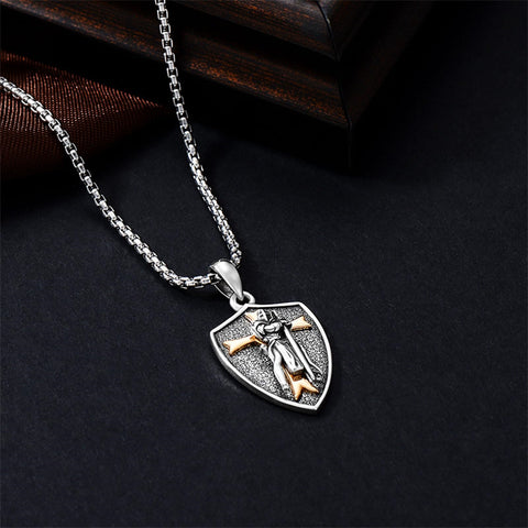 Sterling Silver Knights Templar & Cross Shield Pendant Necklace for Men