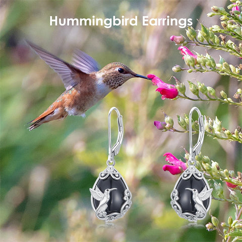 Sterling Silver Filigree Black Onyx  Bee Hummingbird Leverback Earrings