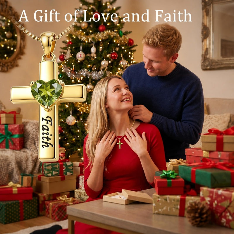 14K Gold Plated Heart Birthstone Cross Necklace for Women Engraved with Faith
