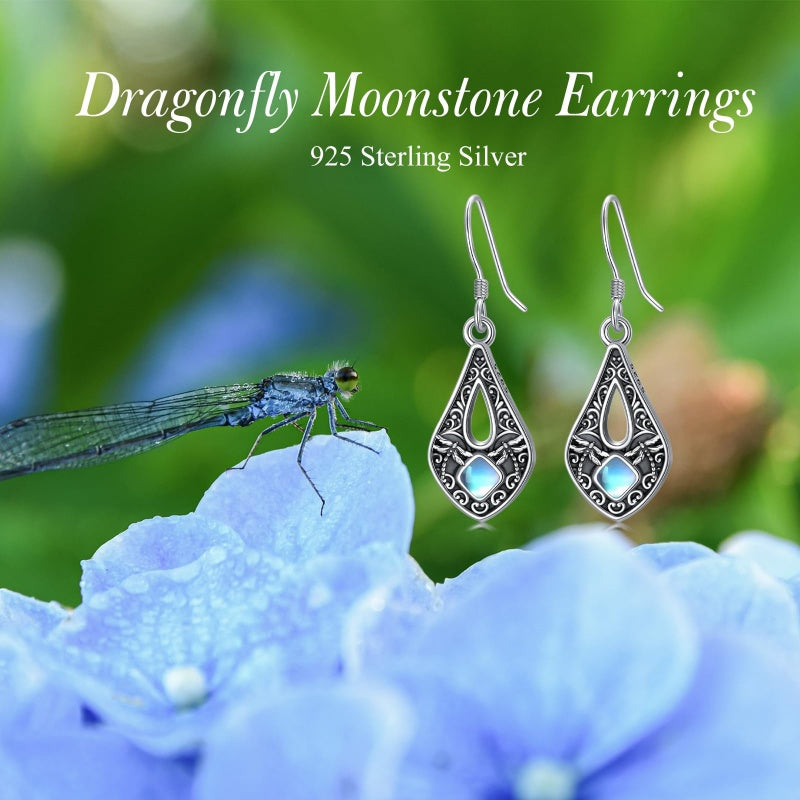 Sterling Silver Moonstone Filigree Bee Dragonfly Hummingbird Butterfly Dangle Earrings for Women Christmas Gift