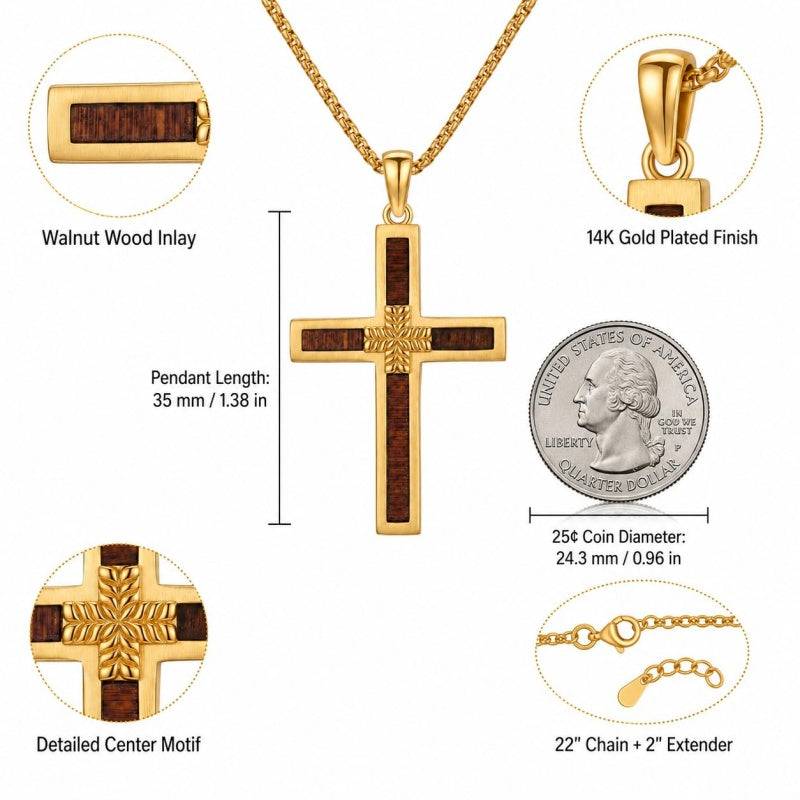 14K Gold Plated Wooden Cross Pendant Necklace Christian Catholic Jewelry Religious Gift