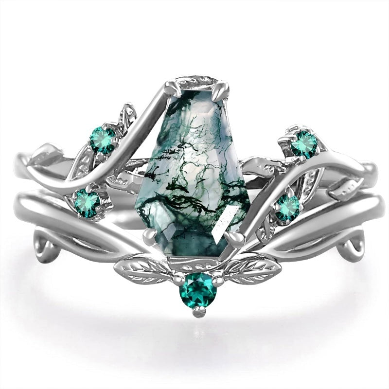 Sterling Silver 2CT Moss Agate  Engagement Wedding Ring Sets for Women