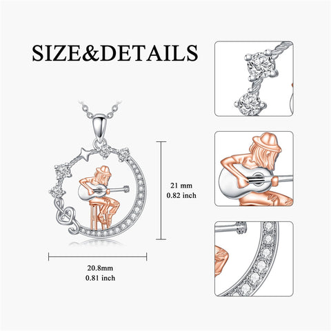 Sterling Silver Cubic Zircon Music Note Guitar Pendant Necklace  for Women Music Lovers