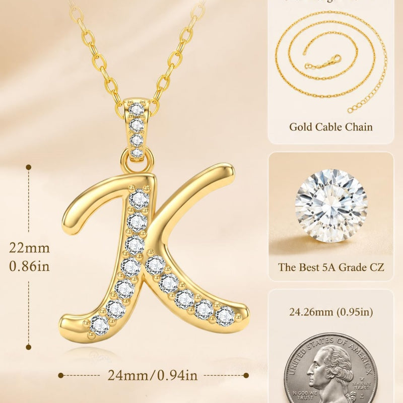 Cubic Zircon 14K Gold Plated Initial Letter A-Z Pendant Necklace
