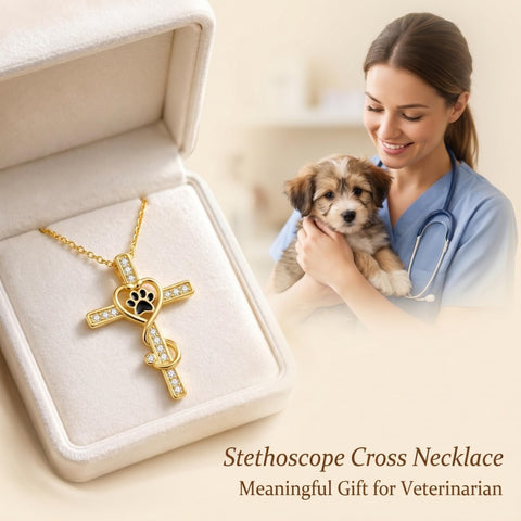 14K Gold Plated Stethoscope Cross Necklace Jewelry Christmas Graduation Nurses Week Gift