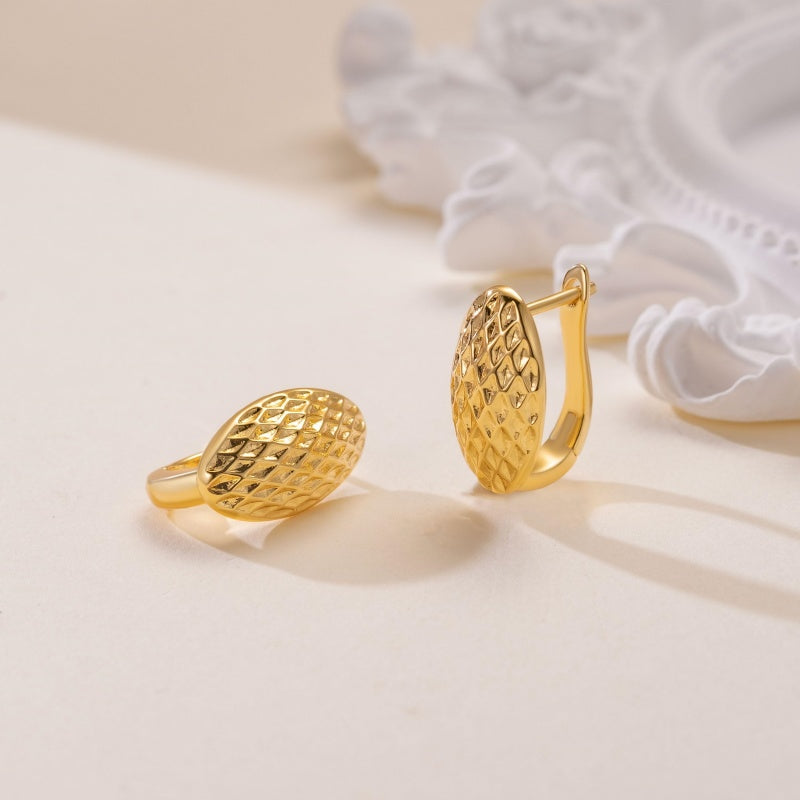 14K Gold Plated  Oval Shape with Mesh Pad Textured on the Surface Unique Hoops Earring for Women