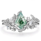 Sterling Silver 2CT Moss Agate  Engagement Wedding Ring Sets for Women
