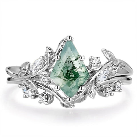 Sterling Silver 2CT Moss Agate  Engagement Wedding Ring Sets for Women