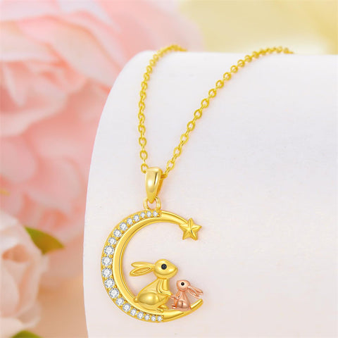 14K Gold Moon Cat Dog Rabbit Pendant Necklace