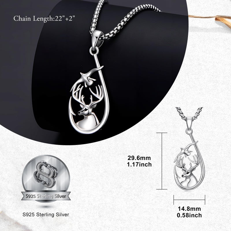 Sterling Silver Deer Bass Fish Wild Duck Fish Hook Pendant Necklace Hunting Jewelry Gifts for Men