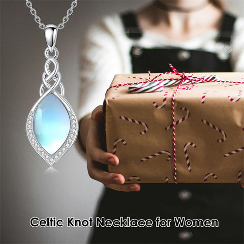 Sterling Silver Teardrop Moonstone Turquoise White Opal  Celtic Knot Pendant Necklace for Women